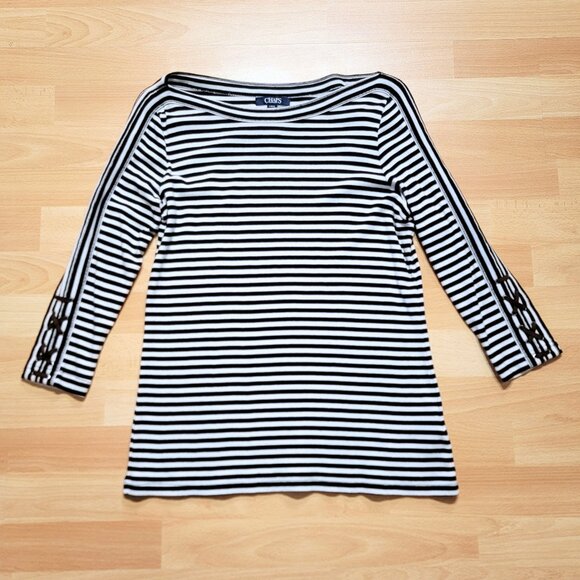Chaps Black White Striped Suede-like Tie Up Embellished 3/4 Sleeves | Large - Picture 3 of 17